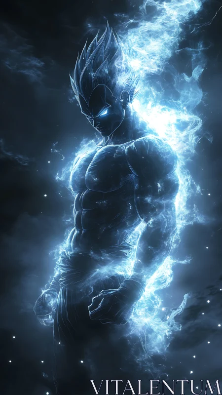 Glowing blue energy warrior in dark atmospheric space.