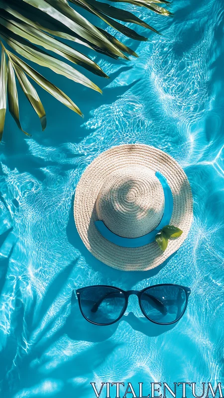 Sun hat and sunglasses in shimmering turquoise pool.