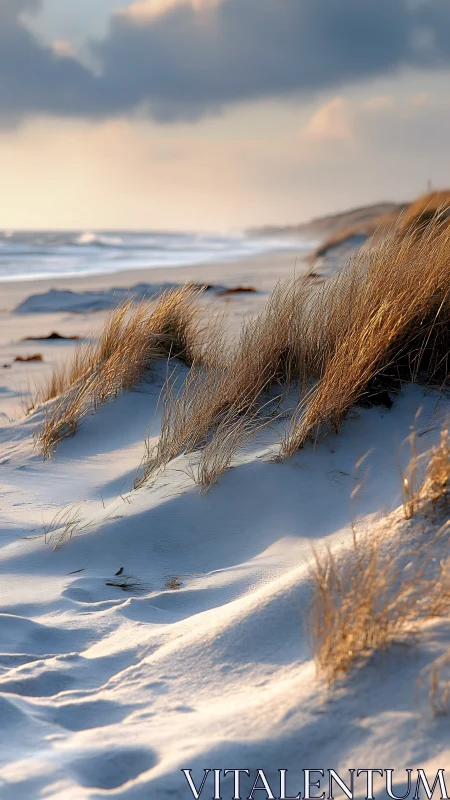 Whispered winter light along windswept seagrass dunes.