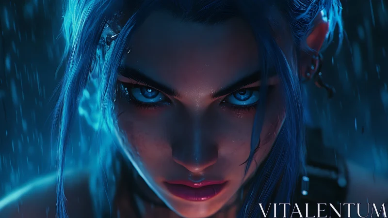 Blue haired warrior stares through neon rain with fierce resolve