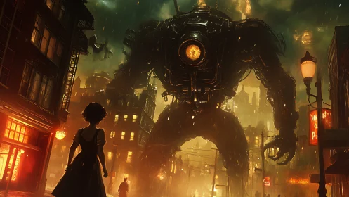 Gigantic steampunk mech confronts lone figure in rain-soaked street