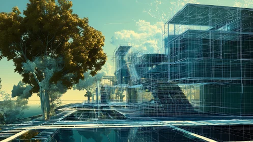 Architectural Wireframe Composition: Modern Glass Structures Layered with Natural Elements