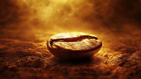 Macro roasted coffee bean in warm backlit aromatic dust field