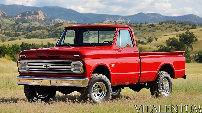 Classic red Chevy pickup dominates sunlit mountain meadow.
