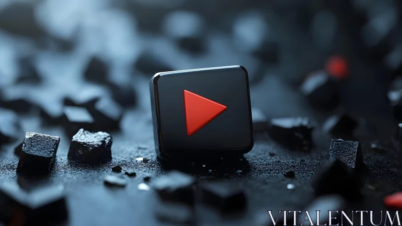 3D Play Button Icon on Dark Geometric Background, Modern Style.