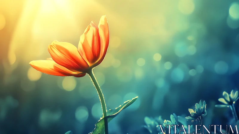 Sunlit tulip dreaming in a sea of turquoise morning glow.