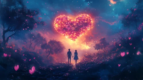 Two figures observe large luminescent heart suspended in forested landscape