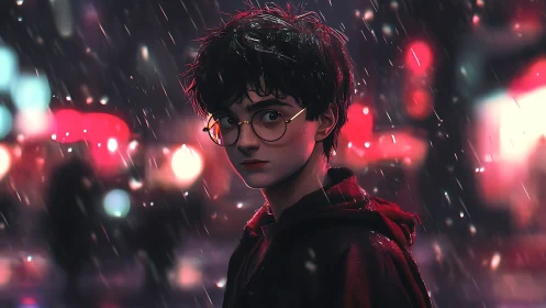 Young figure in rain stands before defocused urban lights