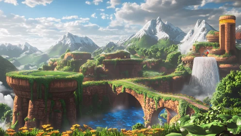 Fantasy mountain valley shows terraced ruins and stone bridge