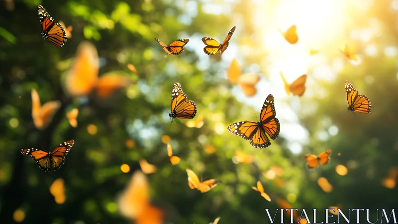Monarch butterflies drift through golden forest light.