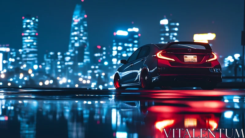 Neon midnight Honda watches rainlit cyber city breathe.