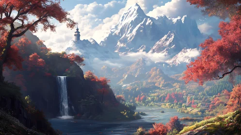 Autumnal alpine valley with waterfall and towered peak panorama.