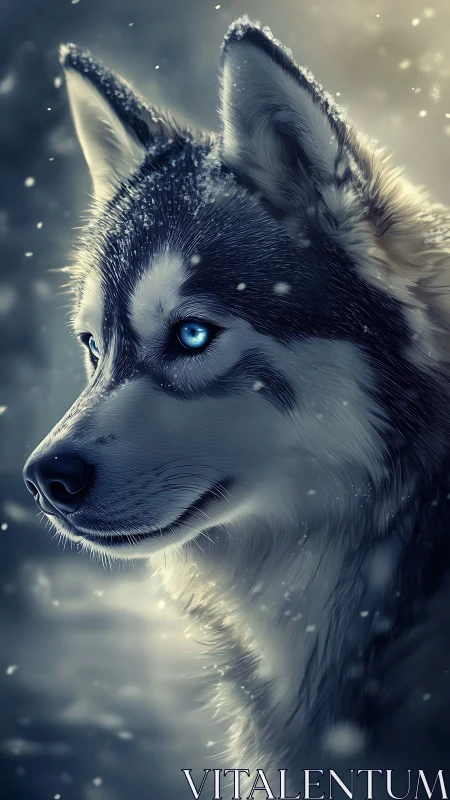 Iceborn husky gazes through stormlit snow and silver dusk.