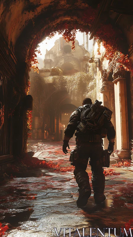 Digital painting of armored soldier in decayed vaulted arcade.