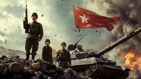 Soldiers stand before battle tank under tattered war flag