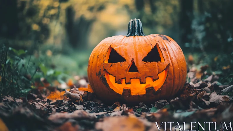 Glowing jack o lantern on forest path in autumn leaves.