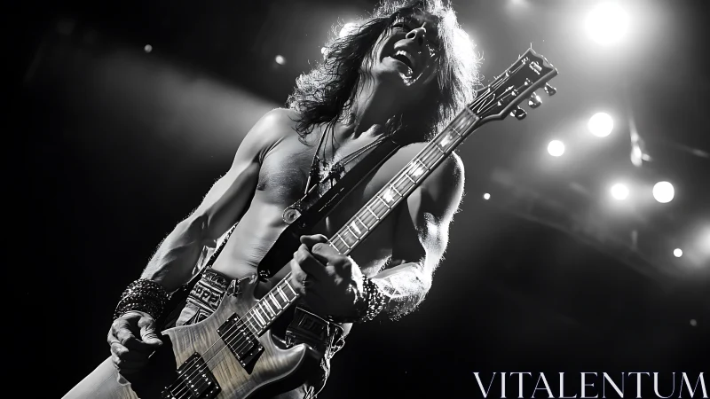 Shirtless rock guitarist onstage under bright concert lights.