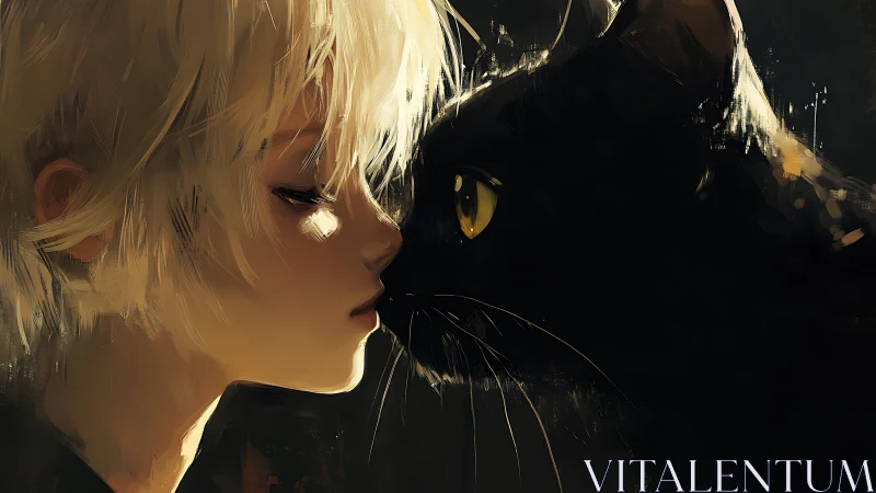 Ethereal Profile: Blonde Female Subject Confronting Amber-Eyed Black Feline