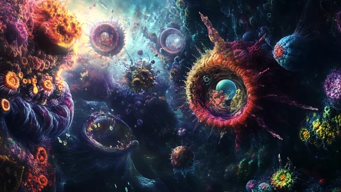 Colorful alien microcosm of swirling organic structures.