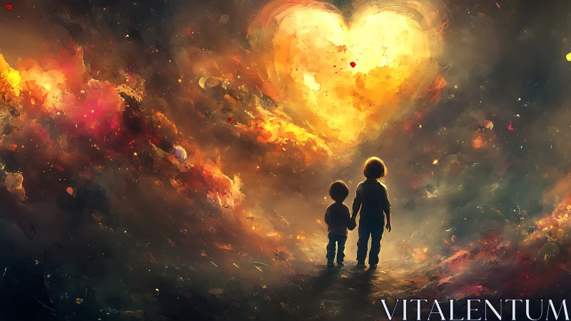 Two Children Standing Before Massive Heart-Shaped Explosion.
