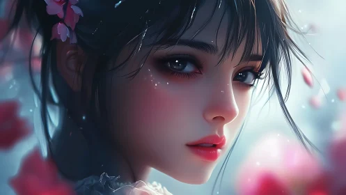 Ethereal floral portrait of young woman in pastel light.