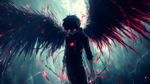 Midnight fallen angel ignites storm with neon-shadow wings.