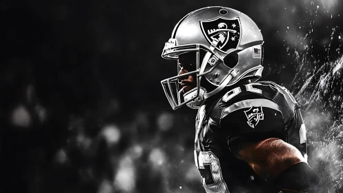 Wide-angle sidelit football portrait with Raiders uniform detail