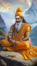 Seated sage in orange robes within detailed mountain landscape.