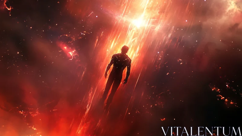 Lone cosmic figure ascends through blazing stellar light.