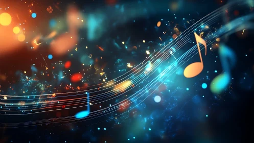Neon music notes surf shimmering starlit sound waves.
