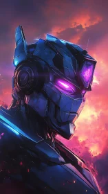 Helmeted robotic warrior portrait with neon purple lighting