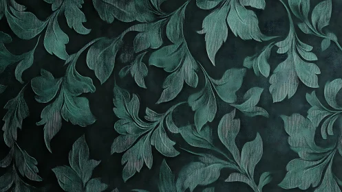 Dark teal leaf pattern wallpaper with textured foliage.