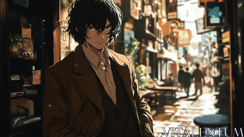 Brooding young man in sunlit alleyway, moody anime noir.