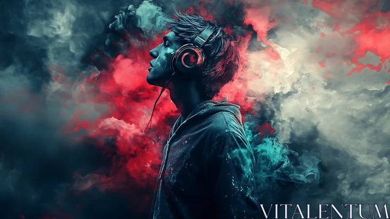Immersed listener in neon vapor clouds renders audio euphoria