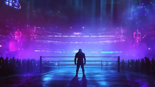 Neon arena fighter enters glowing futuristic ring stage.