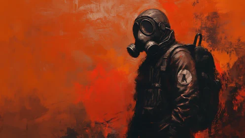 Lone gas-masked wanderer stands in a fiery wasteland haze