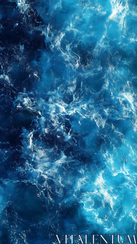 Vertical view shows turbulent blue water with surface foam