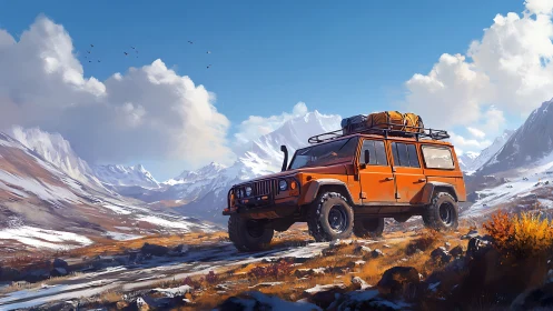 Orange off-road vehicle is parked in a snowy valley