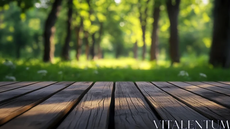 Wooden Deck Overlooking Forest Garden at Daylight