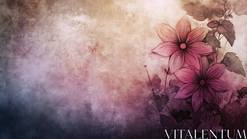 Pink flowers fade into abstracted dark atmospheric gradient texture.