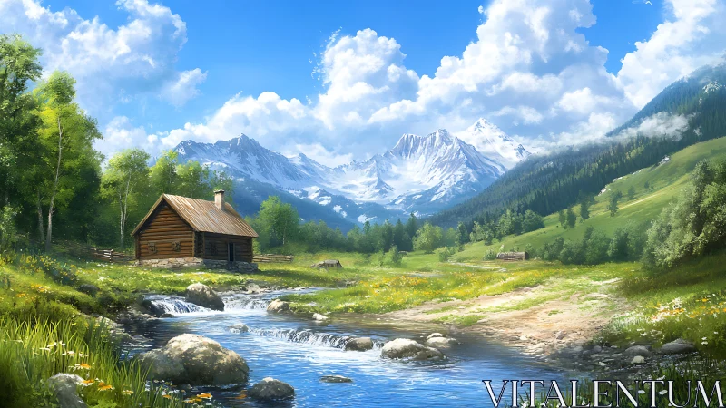 Sunny log cabin by mountain stream in bright green valley.