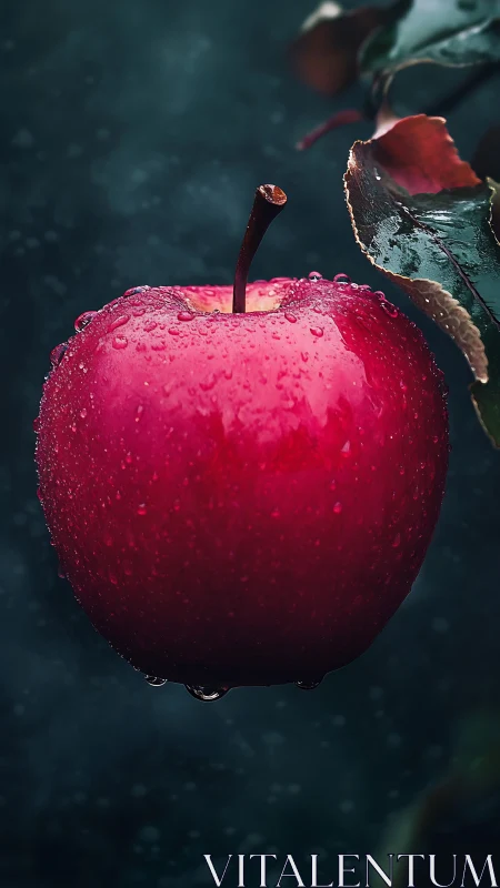 Red apple hangs with dewdrops against dark blurred background