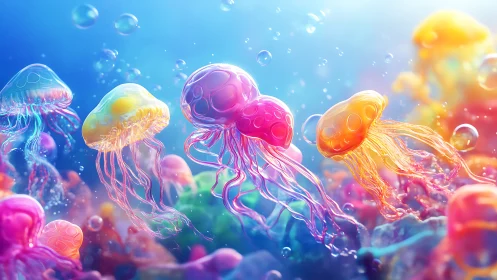 Color saturated jellyfish drift through a luminous seascape