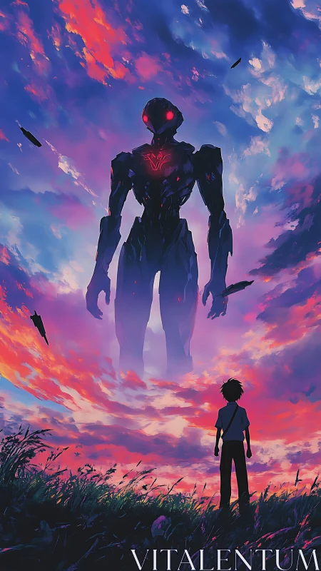 Bold sunset sky welcomes a child facing a glowing mech
