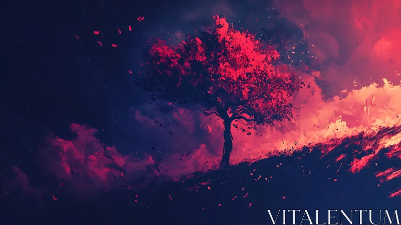 Lone crimson tree burns against a dreamlike twilight sky