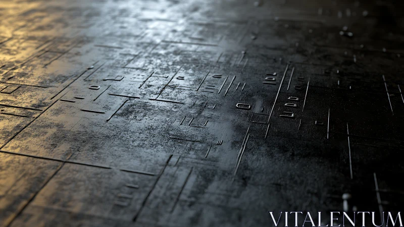 Macro closeup of weathered metallic circuit floor with bokeh light