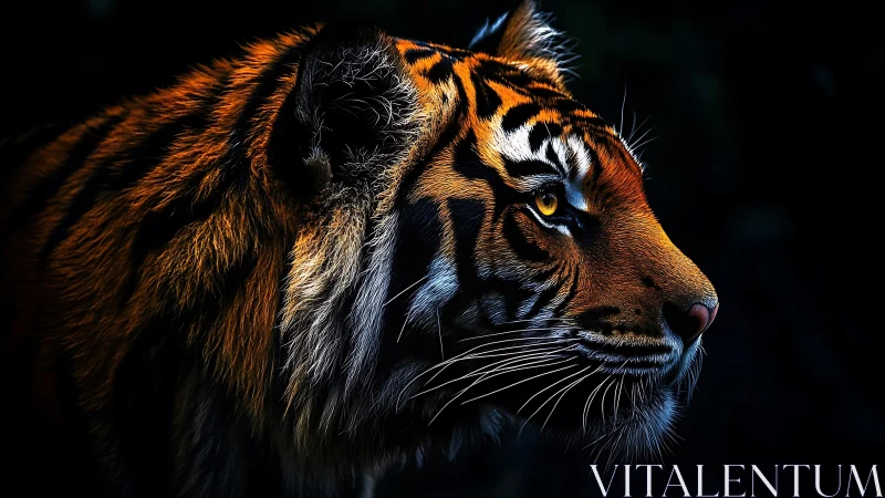 Tiger portrait glows against deep black negative space