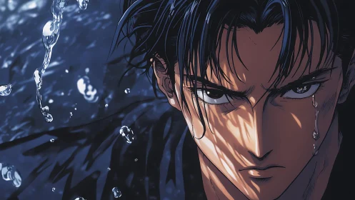 Wet anime portrait isolates intense gaze with dynamic rim lighting