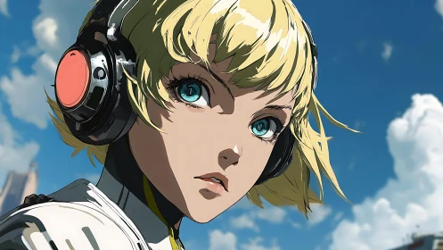 Skybound android girl with headphones in cel-shaded light.