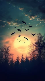 Birdsong over ember skies in a quiet forest dusk.